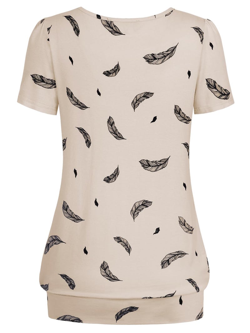 DJT Women's Short Sleeve Summer Tops Scoop Neck Pleated Front Casual Tee T Shirt Large Apricot Feather - Image 2